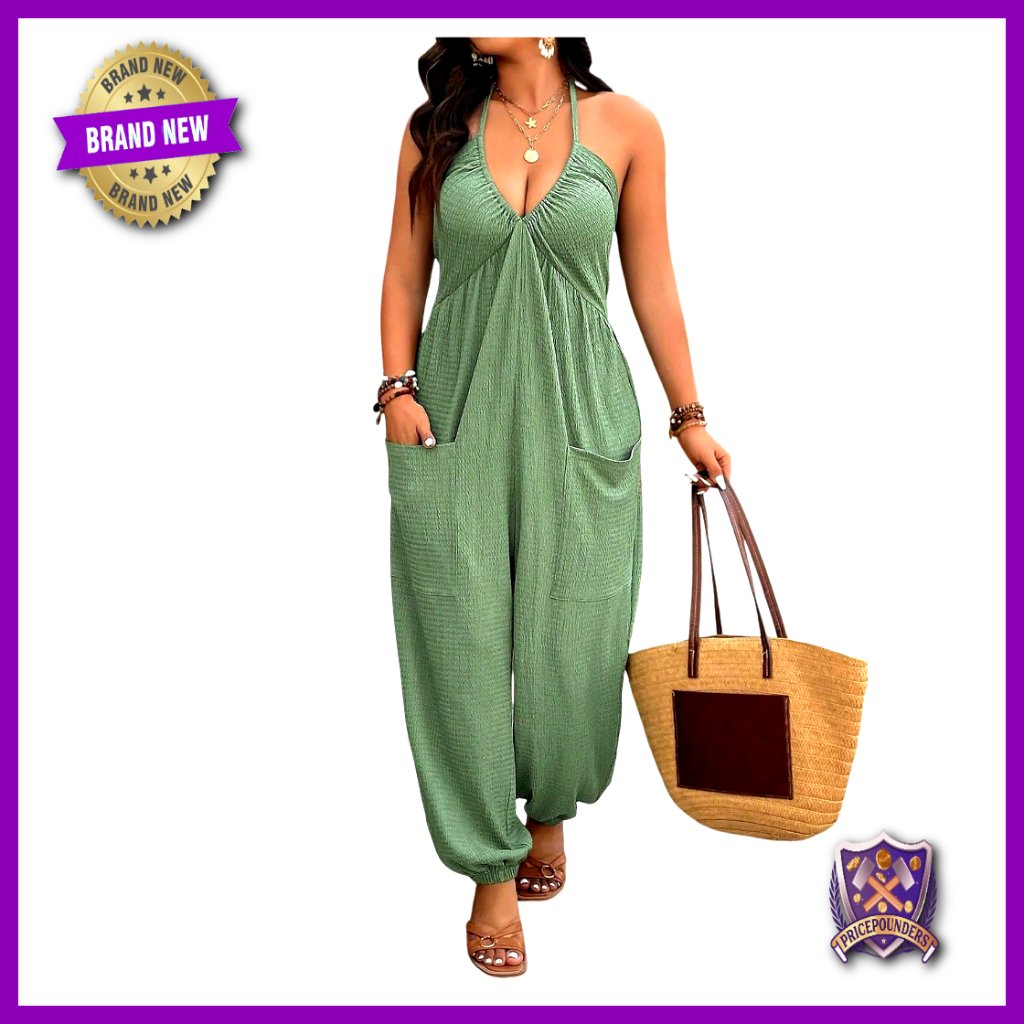 Plus Size Backless Halter Jumpsuit Sleeveless Deep V Neck Pockets